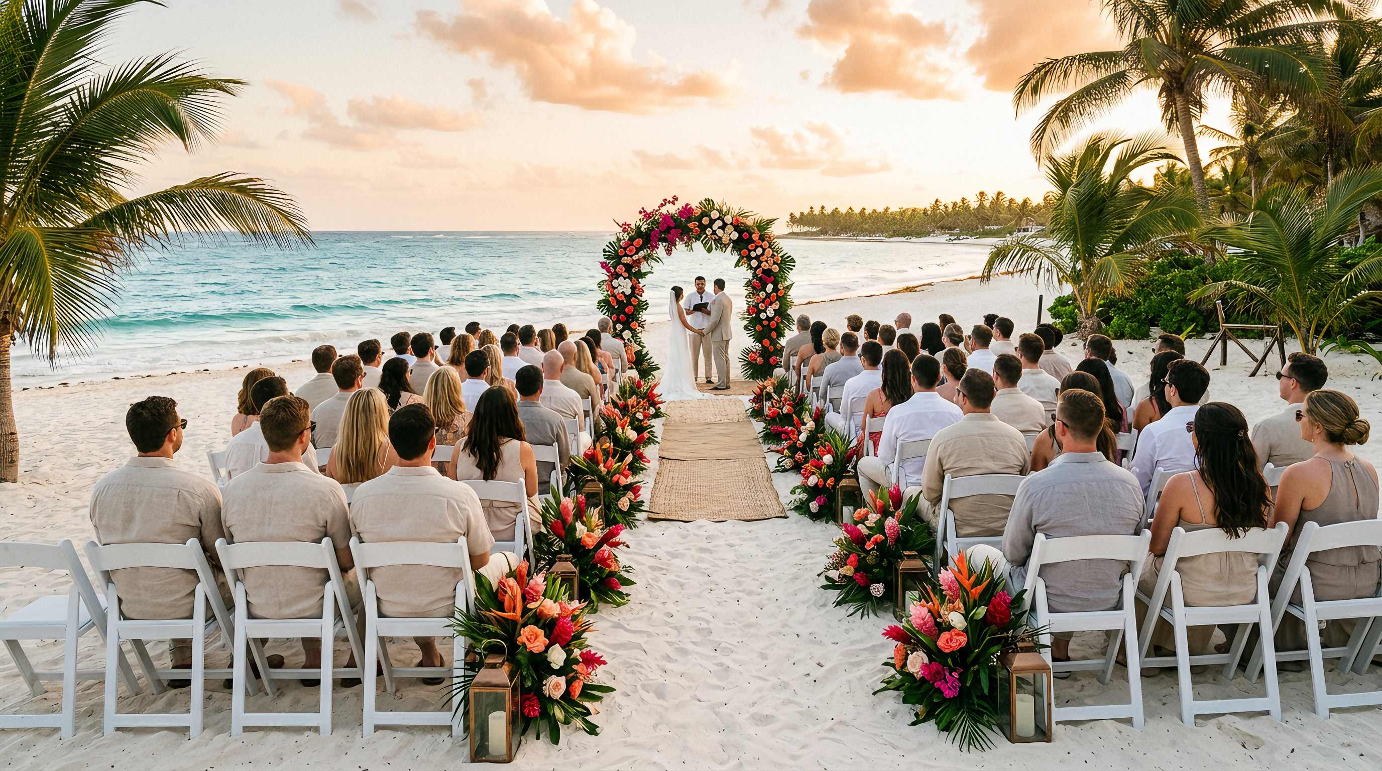Grupo grande brindando en una boda al atardecer en la playa del Caribe mexicano