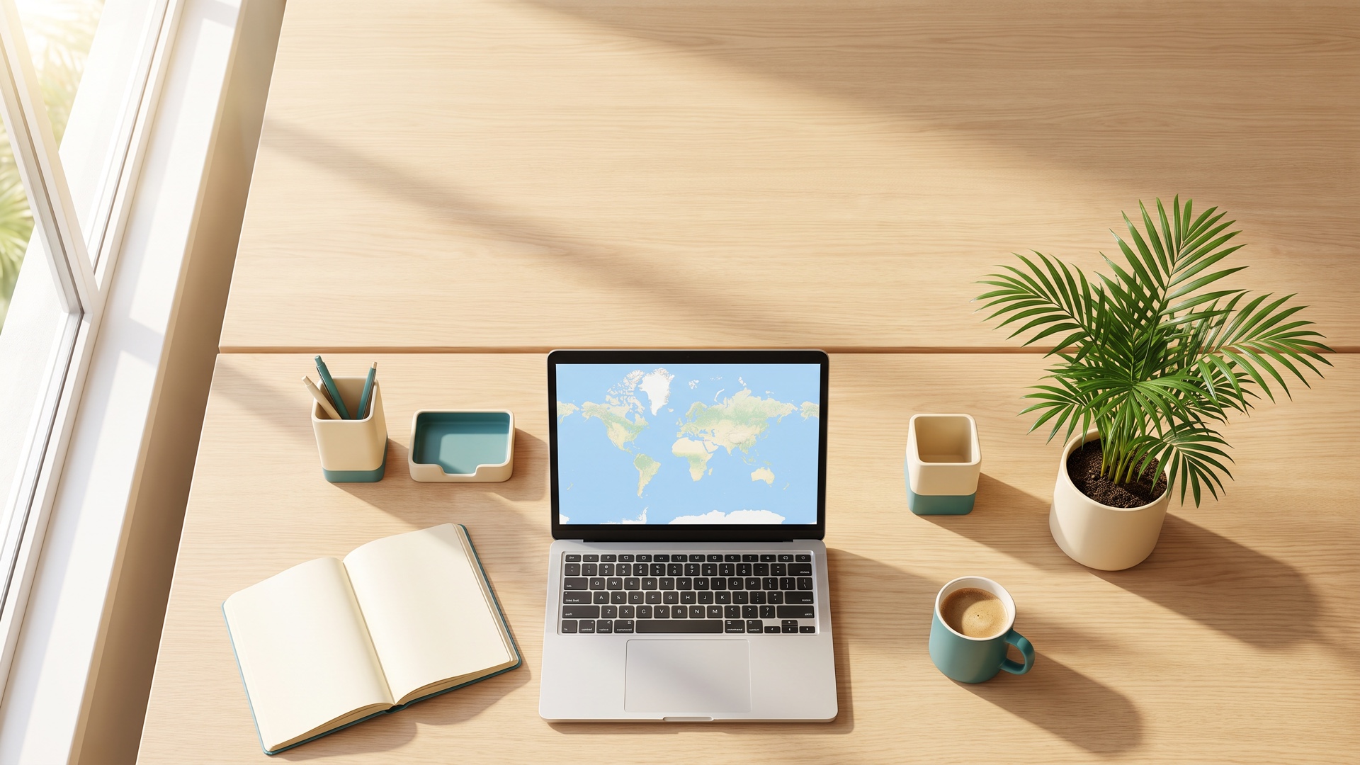 Escritorio con laptop mostrando un mapa mundial, cuaderno abierto, taza de café y planta tropical junto a una ventana