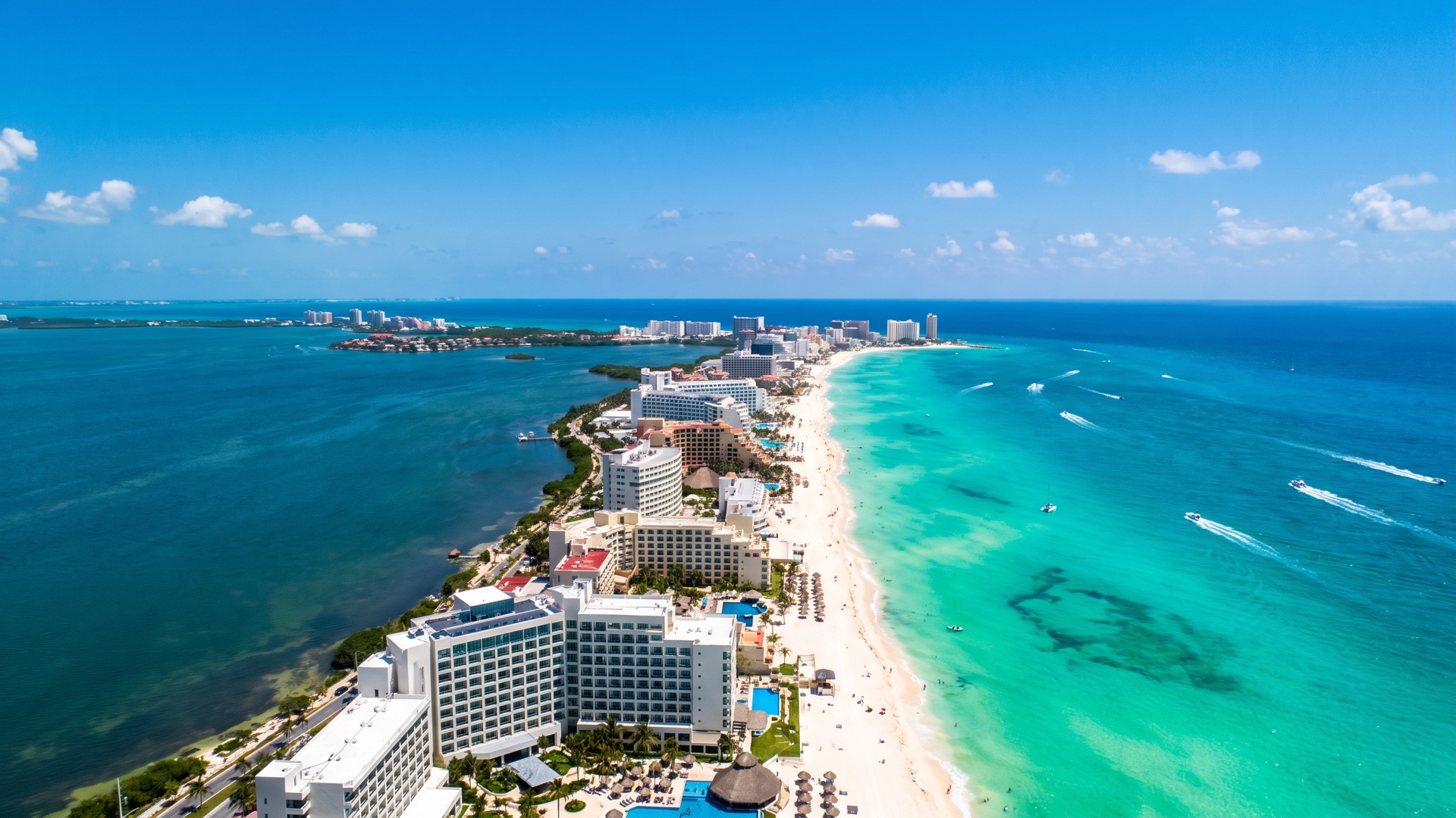 Vista aérea de la zona hotelera de Cancún con playa blanca, mar turquesa y laguna azul