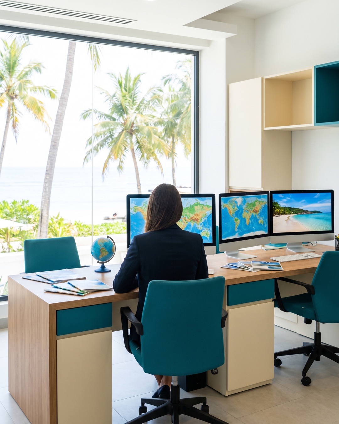 Agente en oficina de agencia de viajes de espaldas frente a tres monitores con mapas mundiales y palmeras a través de la ventana