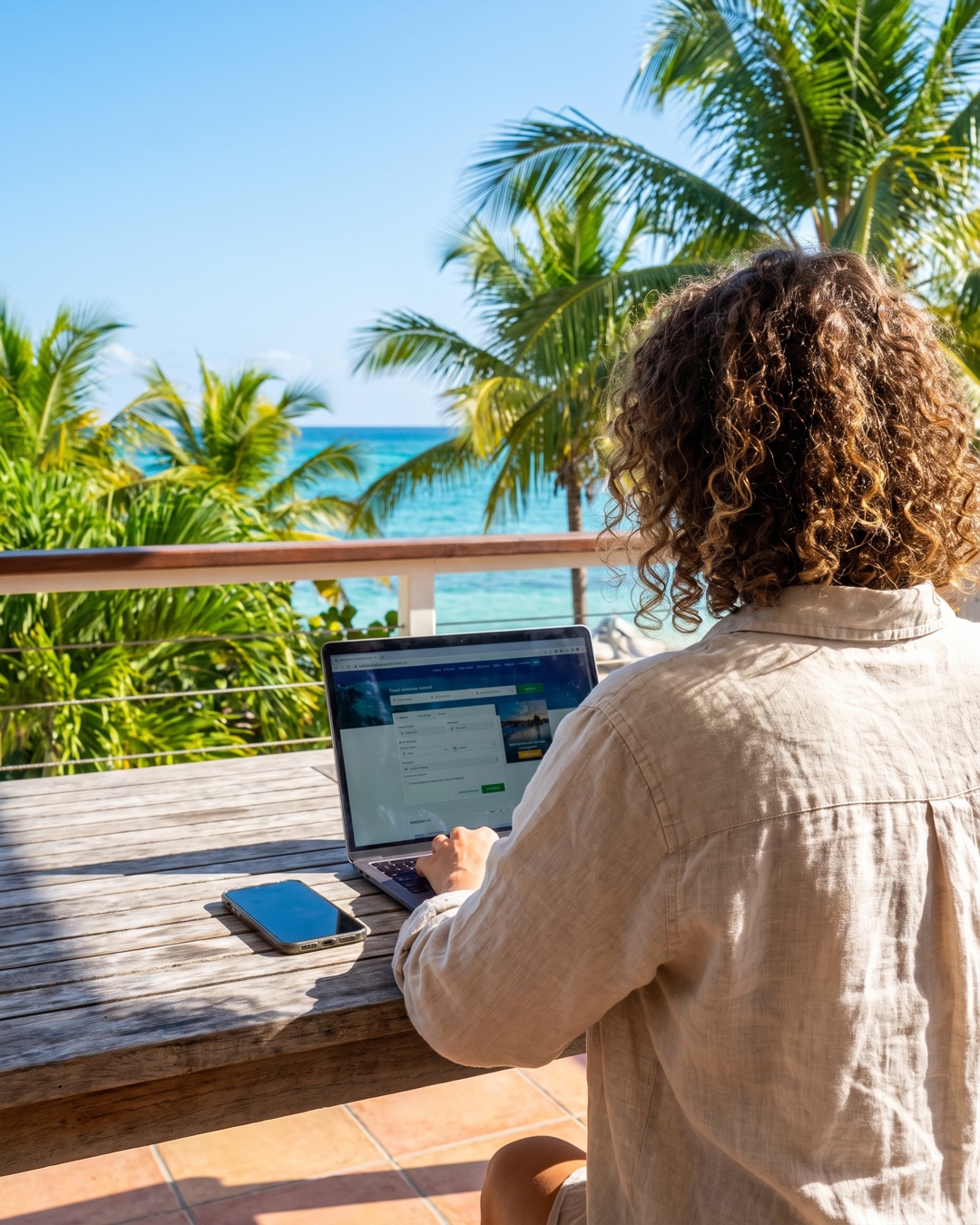 Persona de cabello rizado de espaldas trabajando en laptop en una terraza de madera con vista al mar Caribe