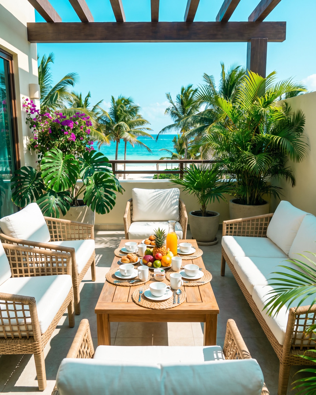 Terraza de departamento con mesa servida para desayuno tropical, sillas de mimbre y palmeras frente al mar Caribe