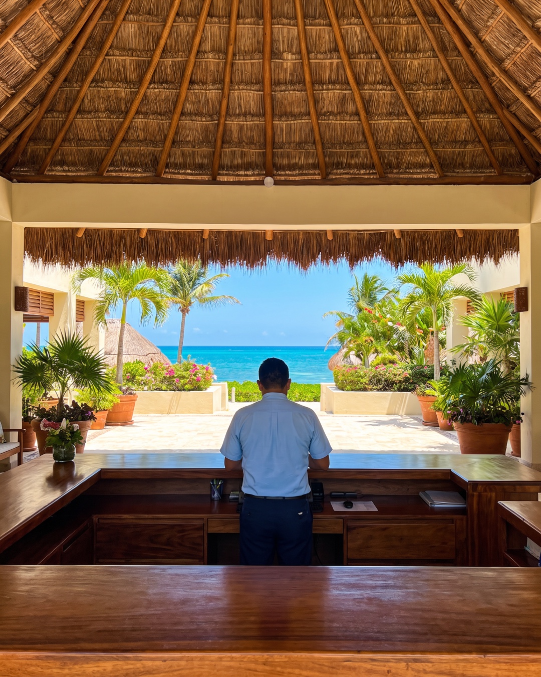 Concierge de espaldas en el mostrador de un lobby con techo de palapa y vista al mar Caribe con palmeras