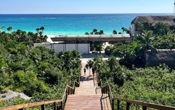 Escaleras de madera hacia la playa en Tulum con vista panorámica al mar Caribe y vegetación tropical